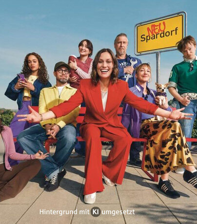Plakatmotiv für Sparen & Anlegen, Hintergrund durch KI erstellt. Gruppe der Webserie Neues Sparen steht vor Schild Spardorf auf dem Neu davor gesprüht wurde